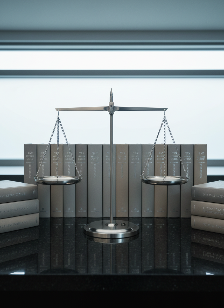 An elegant balance scale constructed from brushed stainless steel, its classic silhouette accentuated by clean lines and flawless finish, occupies the center of a polished black granite surface. Surrounding the scale are carefully aligned tax code books with neutral covers, their spines embossed in silver. Gentle, cool-toned daylight filters in from a minimalist linear window, producing soft reflections on the granite and subtle rim lighting on the scale. The composition is centered and symmetrical, reinforcing a sense of equilibrium and authority. The overall mood is contemplative and precise, achieved through photographic realism, neutral tones, and a clean, corporate aesthetic, making it ideal for in-depth legal analysis content.