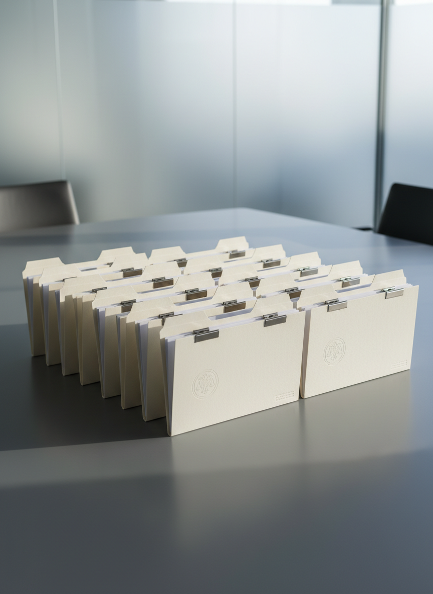 A meticulously organized stack of official fiscal documents, each folder crafted from matte ivory cardstock, featuring subtle embossed emblems and metallic clips. The documents are arranged in a clean grid pattern atop a smooth, slate-gray conference table. The tabletop reflects soft, diffused daylight streaming through a frosted glass partition in the background, casting gentle shadows and subtle highlights on the paperwork. The setting feels structured and orderly, with neutral tones enhancing the professional atmosphere. Captured at a slightly elevated angle with sharp focus across the scene, the composition emphasizes balance and clarity. The aesthetic is photographic realism with a clean, corporate feel, perfectly suited to illustrate the complexities of fiscal law for a professional blog audience.