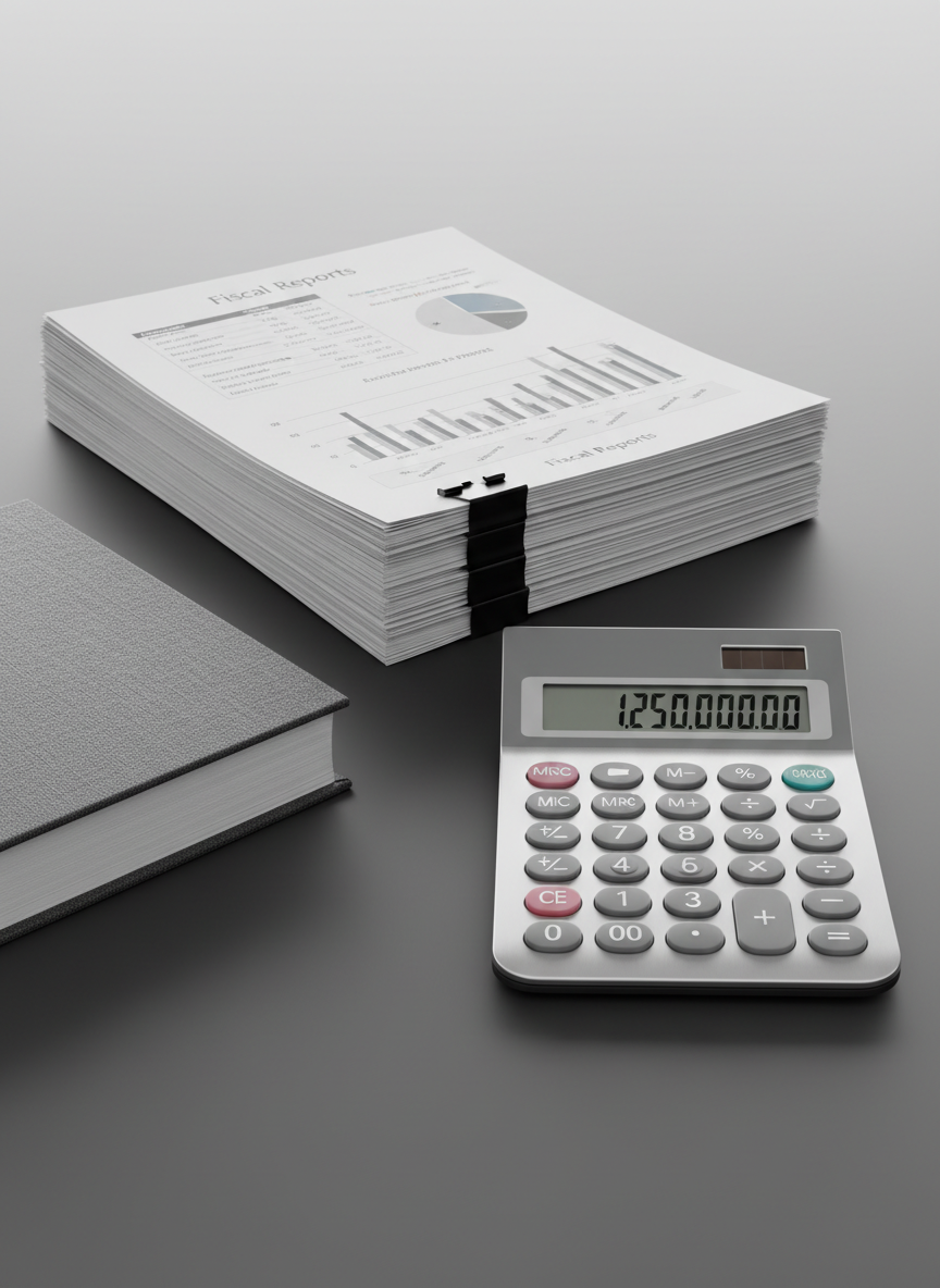 A pristine, metallic silver calculator with sleek buttons and a high-resolution digital display sits adjacent to a stack of neatly printed fiscal reports, each secured with minimalist binder clips. These items rest upon a charcoal-gray desk, flanked by a closed, understated law book with a textured linen cover. Soft white overhead lighting bathes the scene, creating crisp highlights and defined edges while maintaining a neutral palette. The mood is efficient and composed, with a slightly oblique, eye-level vantage point employing the rule of thirds to emphasize both the calculator's precision and the orderly composition. This image employs photographic realism and a structured, corporate style, embodying the analytical rigor of fiscal law discussions.